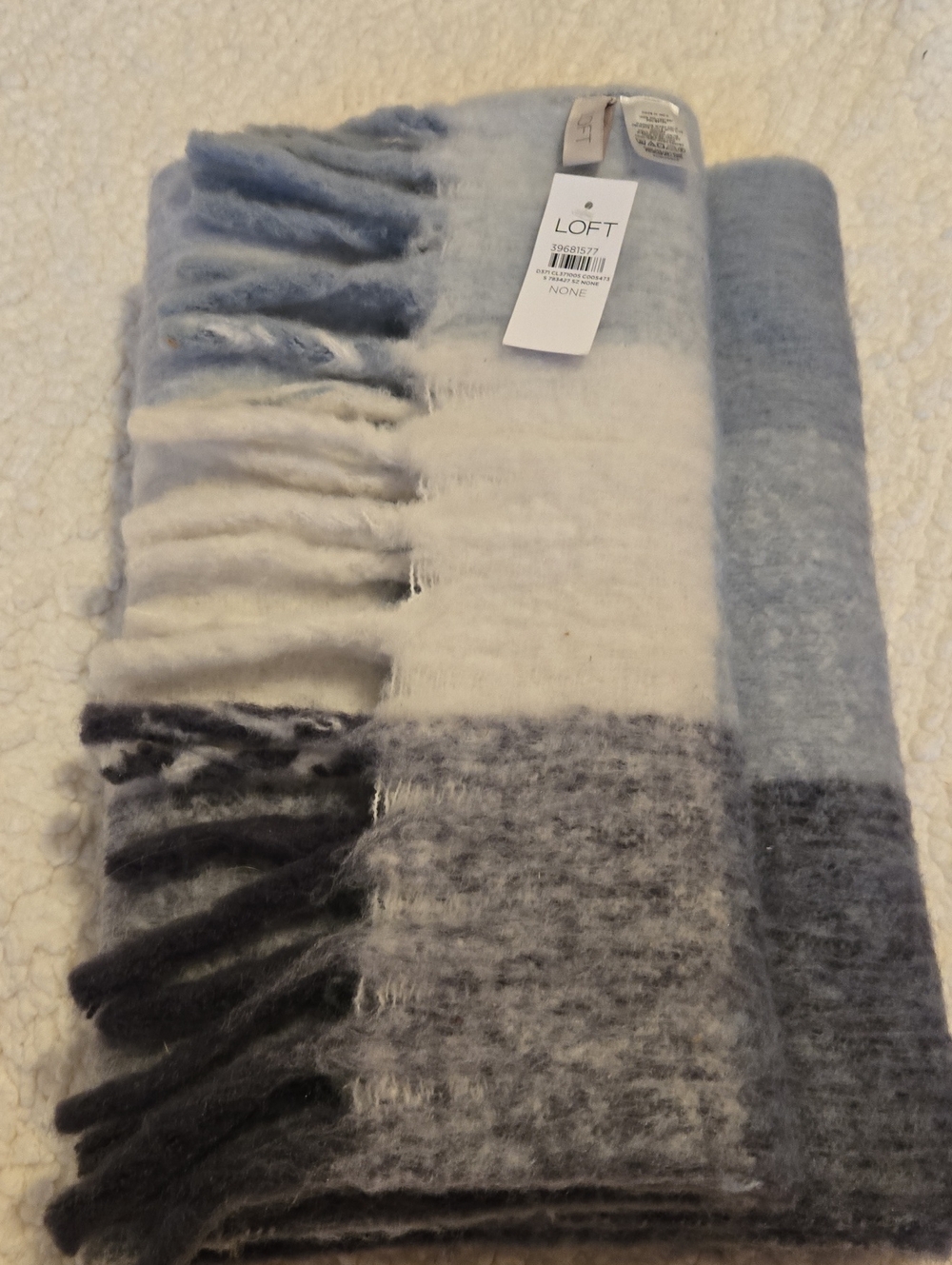 LOFT Blue, White & Gray Plaid Fringe Throw